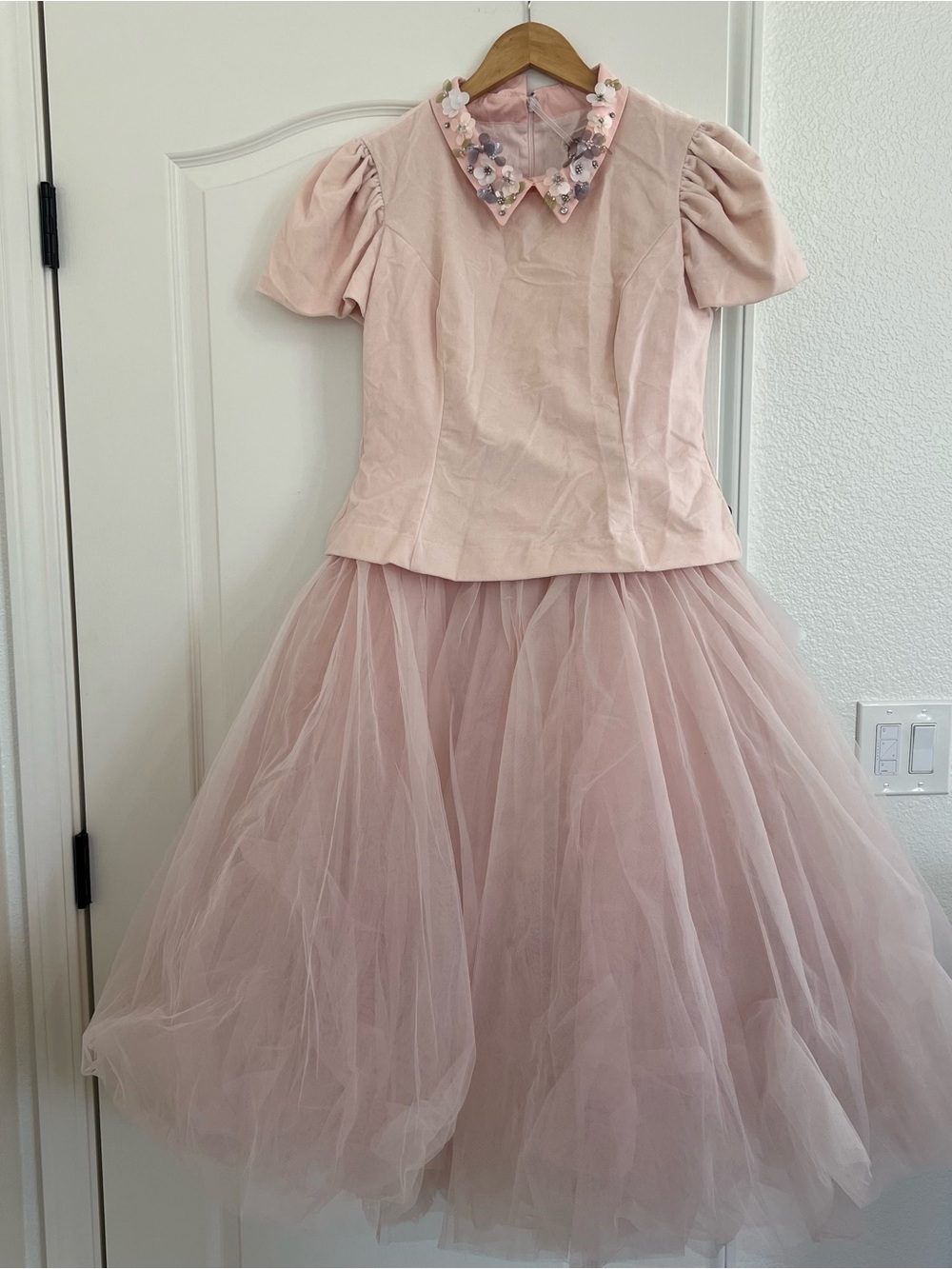 MonnaLisa Blush Pink Floral-Appliqué Collar Tulle Dress